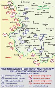 Położenie wielkich jednostek Armii Kraków i wielkich jednostek niemieckich 1 września 1939r.