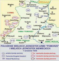 Położenie wielkich jednostek Armii Pomorze i wielkich jednostek niemieckich 1 wrzesnia 1939r.